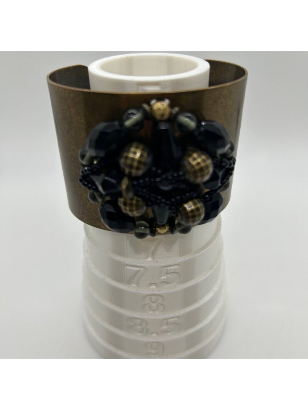 Vintage Brass Wide Cuff Bracelet Black Gold Beaded Cluster Boho Statement - Picture 9 of 11